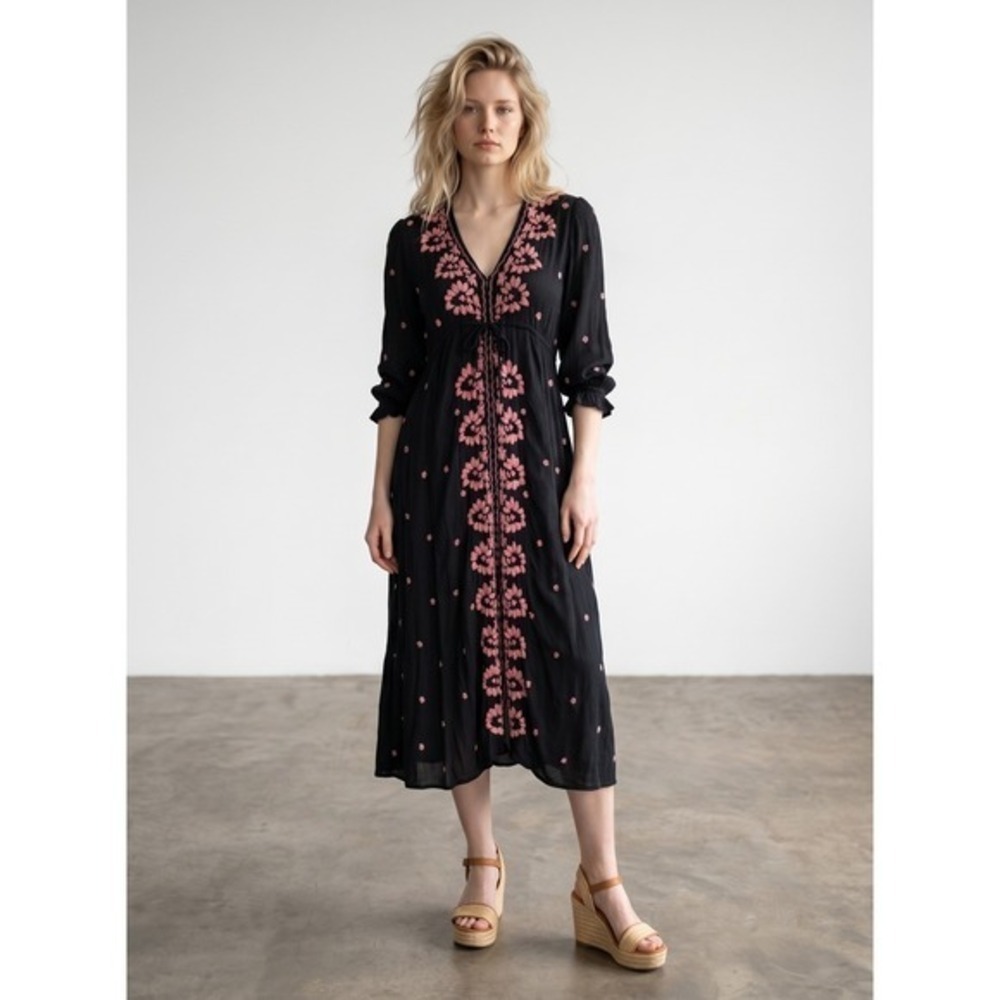 Free People Faded Bloom Embroidered Midi Dress Black Pink XS Boho Gauze V-Neck